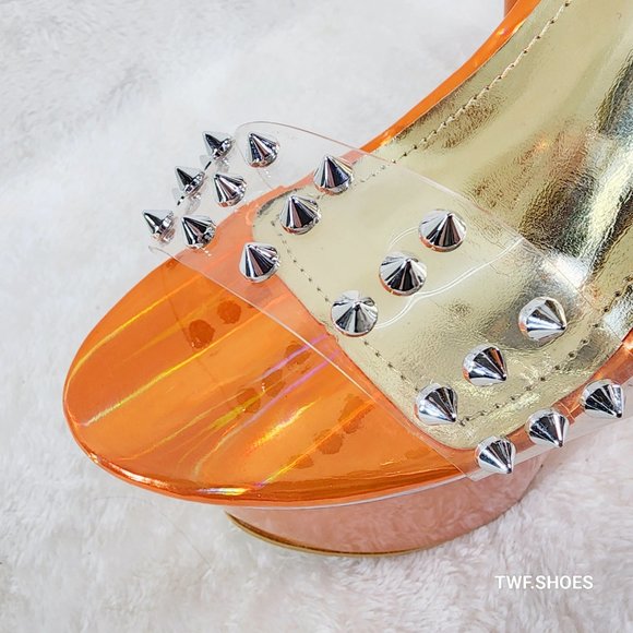 Sleek Slim 8" Towering Platform Heels Orange Double Clear Spiked Straps … - Picture 3 of 12